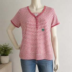 L.L.Bean Women’s Plus 2X Pink White Striped Knit Henley Short Sleeve Sweater Top